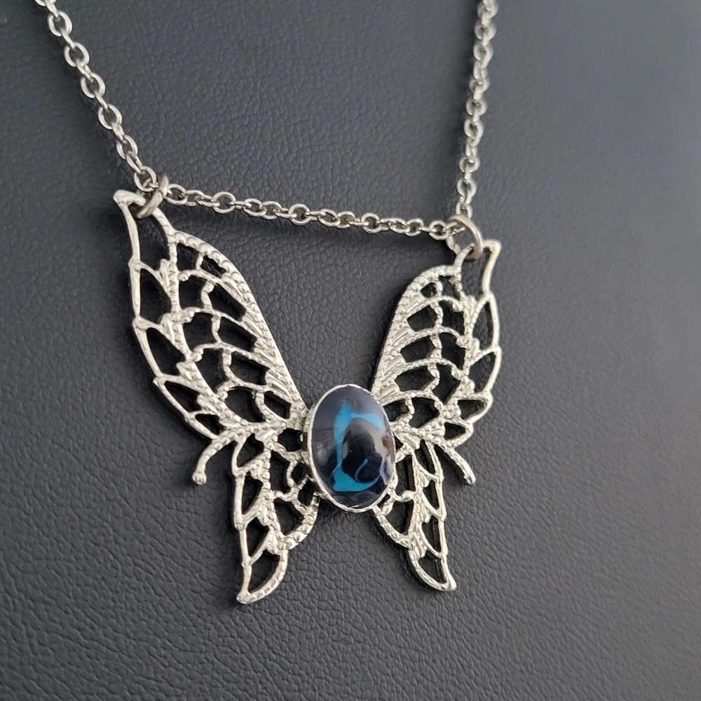 Butterfly Blue Multitonal Blue Center Accent On Silver-tone Butterfly Necklace